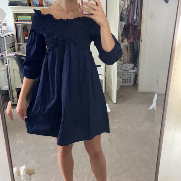 VASNA off the shoulder navy shift dress. - Picture 2 of 4